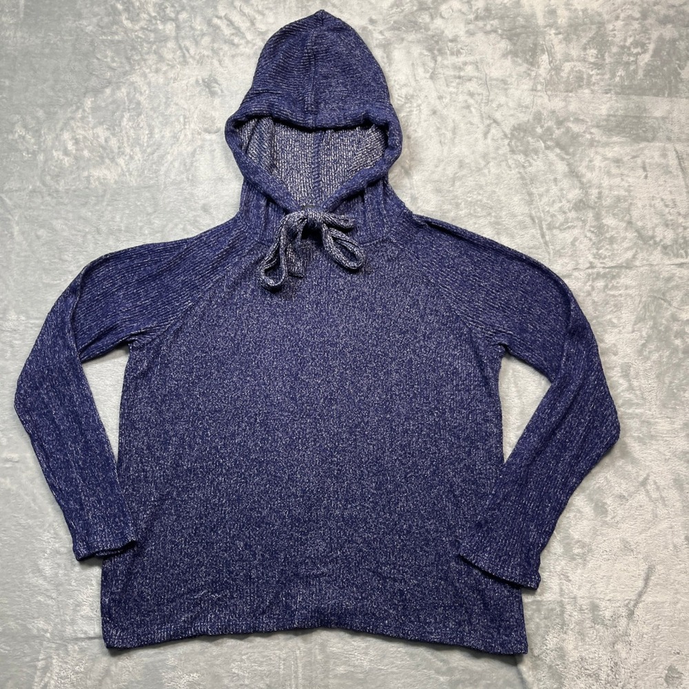 Kenneth Cole Hoodie Women Blue Ribbed Knit Marled Pullover Sweater Medium